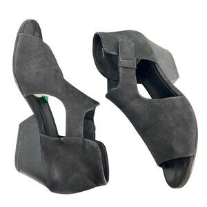 Eileen Fisher Iris Black Tumbled Nubuck Leather Stacked Heeled Sandal Size 9